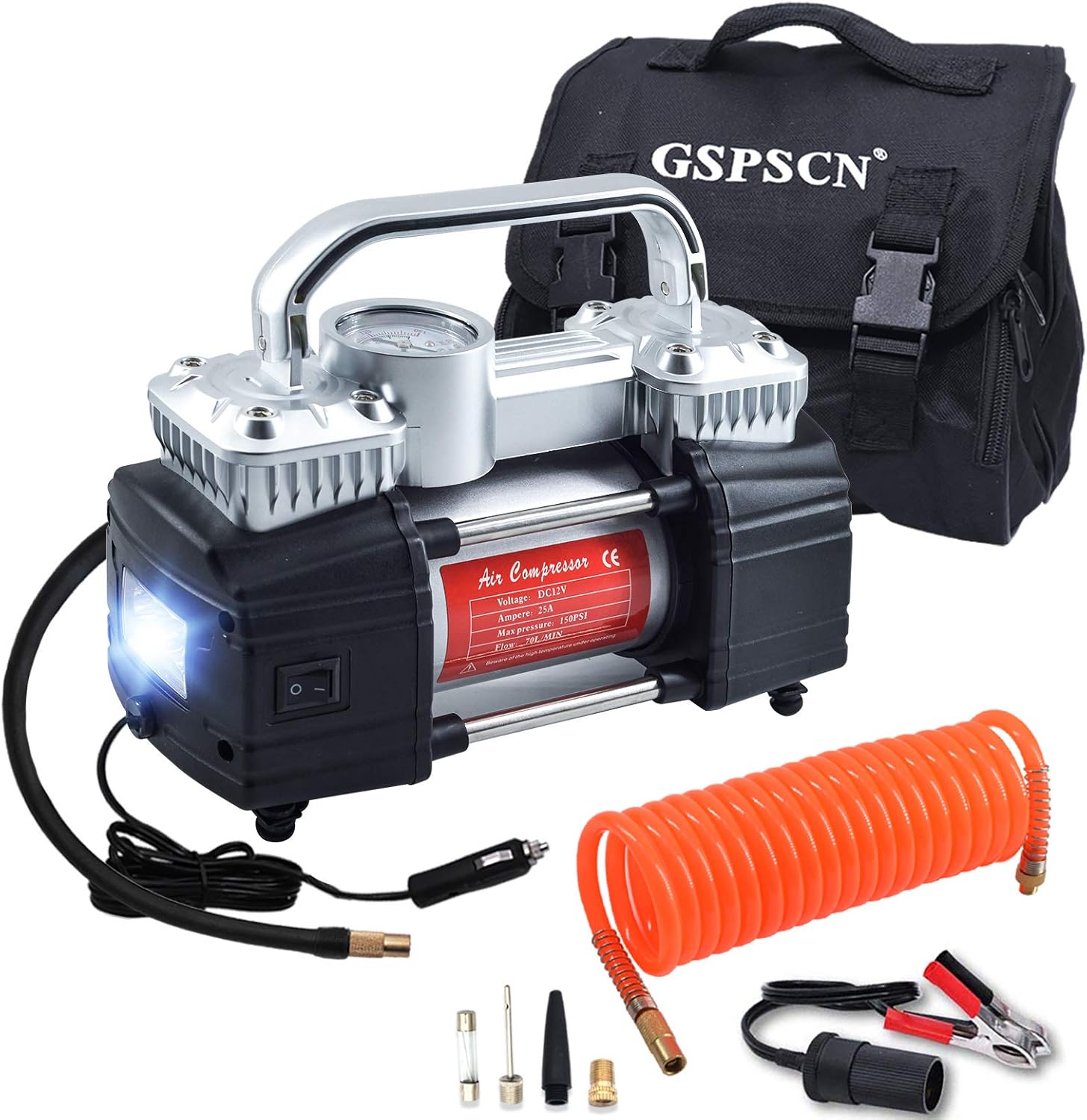 GSPSCN Dual Cylinder DC 12V Air Compressor for Car, Heavy Duty Portable Tire Inflator,Tire Pump 150PSI with LED Light for Auto,Truck,SUV, RV,Balls etc (Titanium) Pack of 2