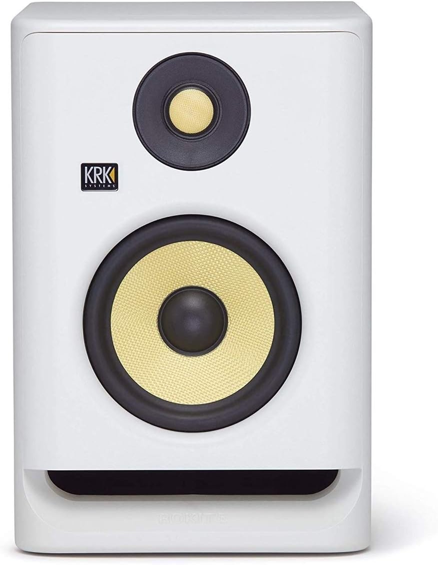 KRK ROKIT RP8G4WN 8'' Powered Studio Monitoring Speakers White w/AxcessAbles Speaker Isolation Pads, Audio Cables and eStudioStar Polishing Cloth