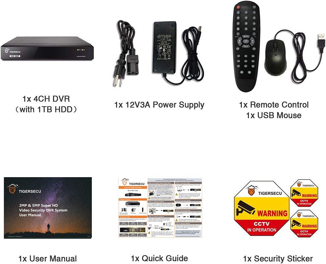 TIGERSECU Super HD 1080P 4-Channel Hybrid 5-in-1 DVR Security Recorder with 1TB Hard Drive, for Up to 5MP(12.5fps) TVI/AHD/CVI/Analog and IP Cameras (Cameras Not Included)