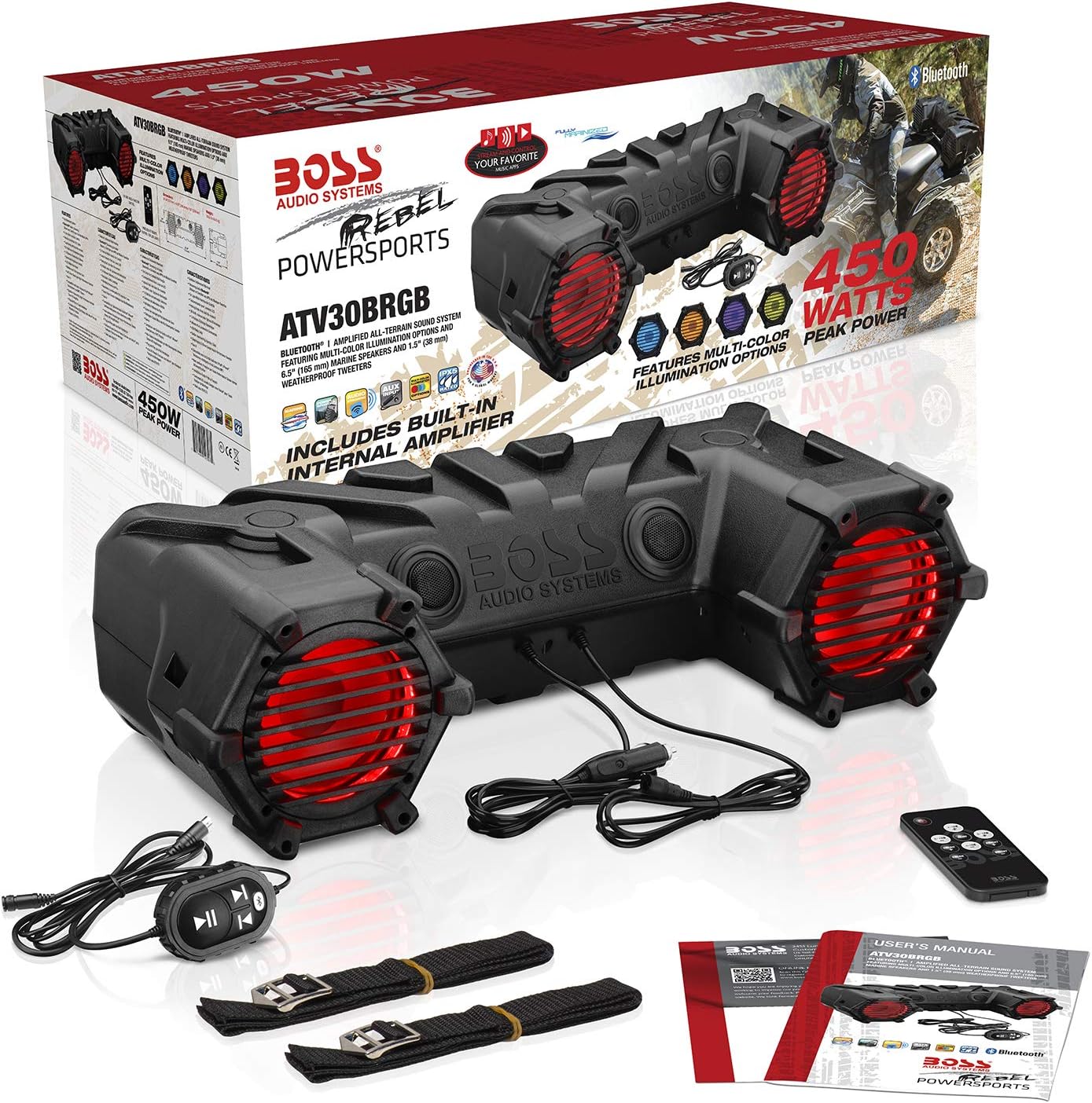 BOSS Audio Systems ATV30BRGB ATV UTV Weatherproof Sound System - 6.5 Inch Speakers, 1 Inch Tweeters, Built-in Amplifier, Bluetooth, Multi-Color Illumination, Easy Installation for 12 Volt Vehicles