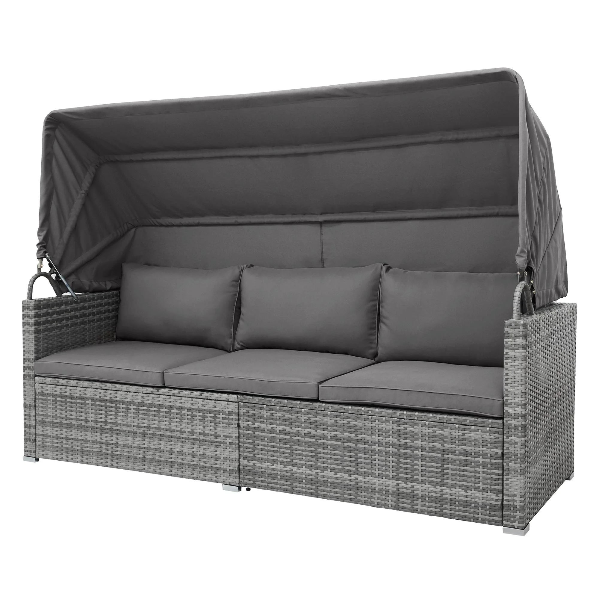 Seizeen 5 Pieces Patio Outdoor Daybed, Rattan Sectional Conversation Sofa Set with Retractable Canopy, Patio Sectional Bed with Side Table, Outdoor Sunbed with Cushions and Pillows