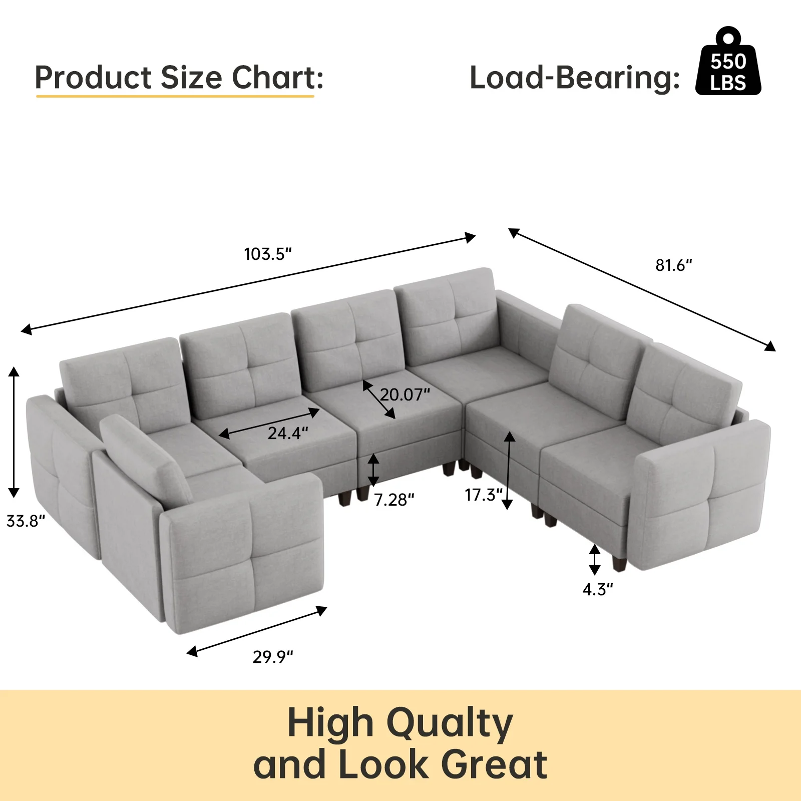 35"H Modular Sectional Sofa Couch with Storage for Living Room, Sectional with Eversible Ottomans, Apartment Sleeper Sofa Bed, Gray
