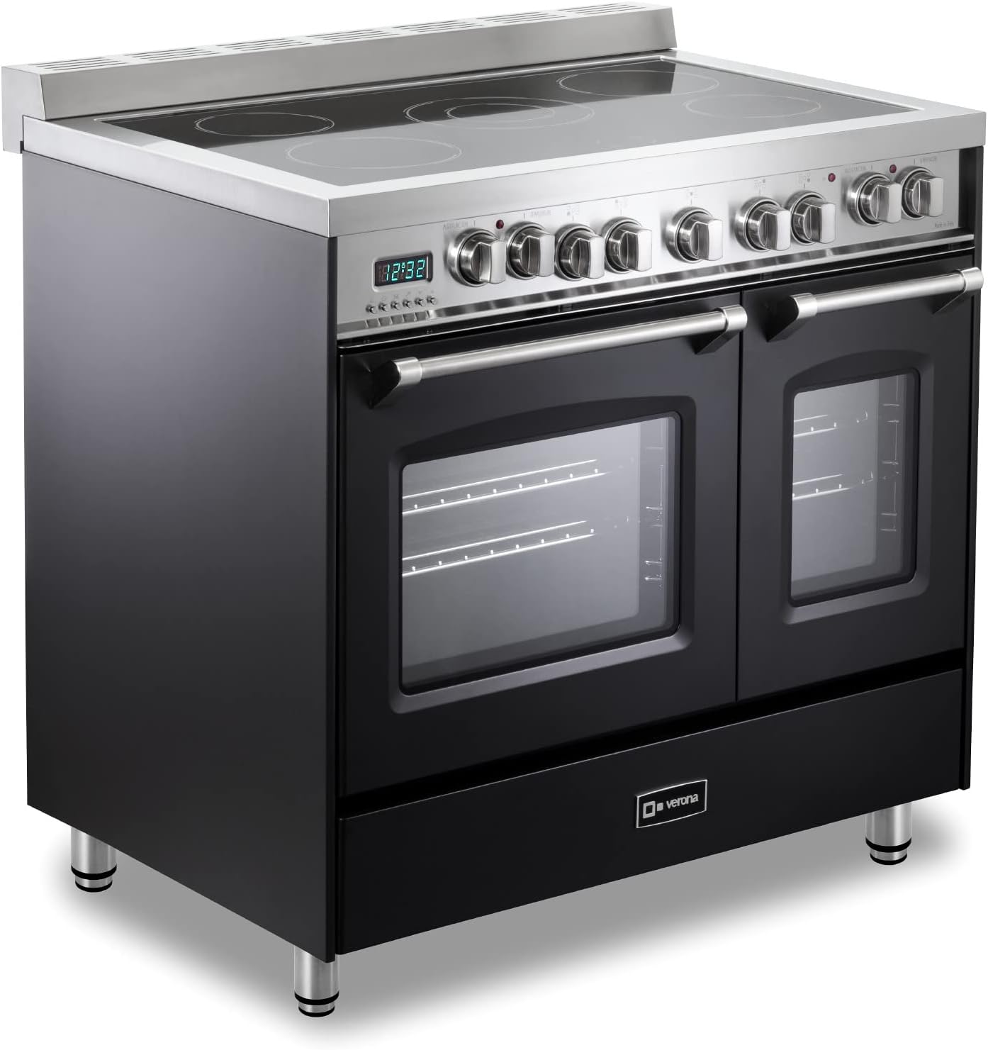Verona Prestige Series VPFSEE365DE 36 Inch All Electric Freestanding Range Double Oven Convection, 5 Burners Dual Center Element Chrome Knobs and Handle Matte Black