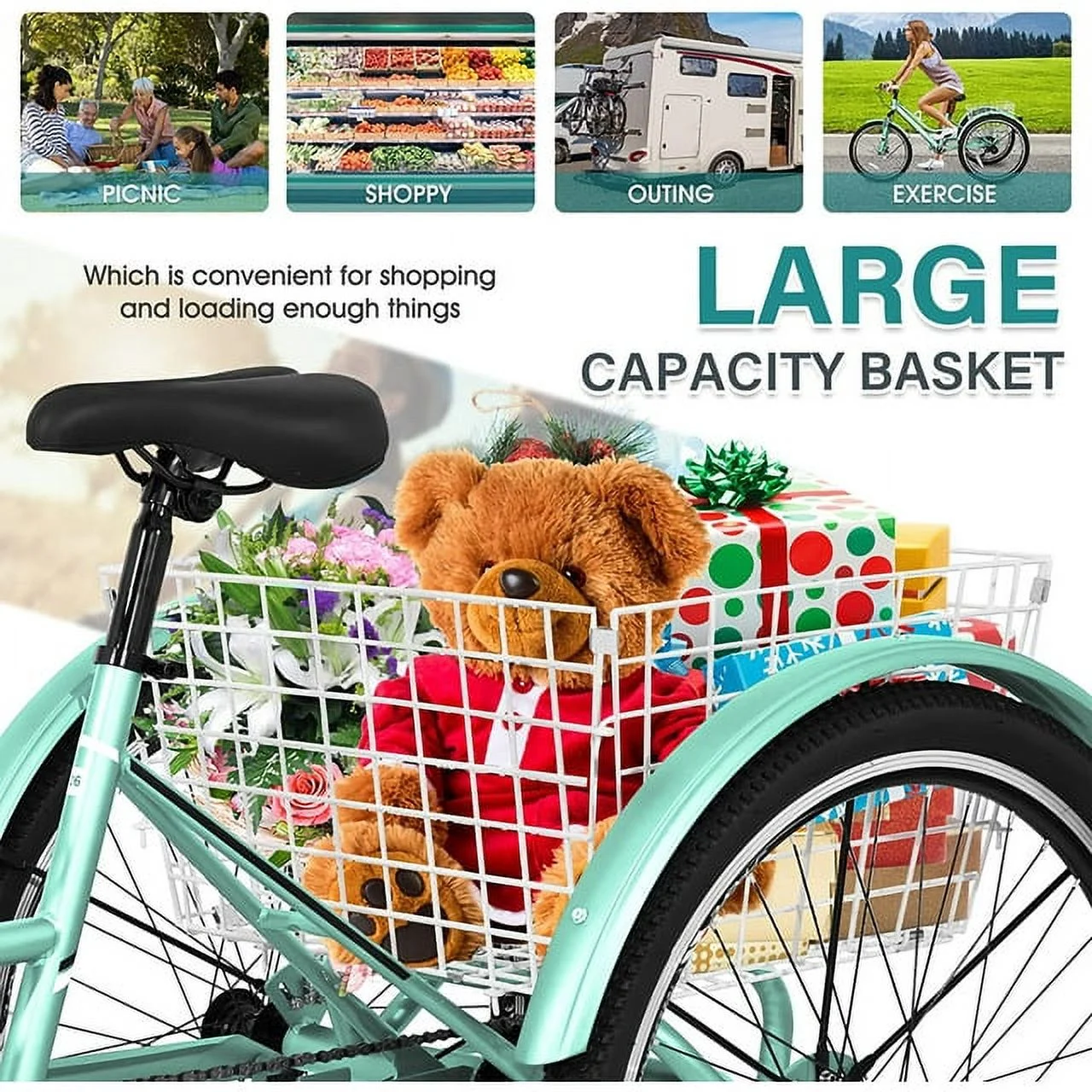 Lilypelle Adult Mountain Tricycle 24/26/27.5 Inch Low step through Mountain Bike Cruiser Trikes for Adults 7 Speed Three Wheel Trike Bike Bicycle with Large Basket