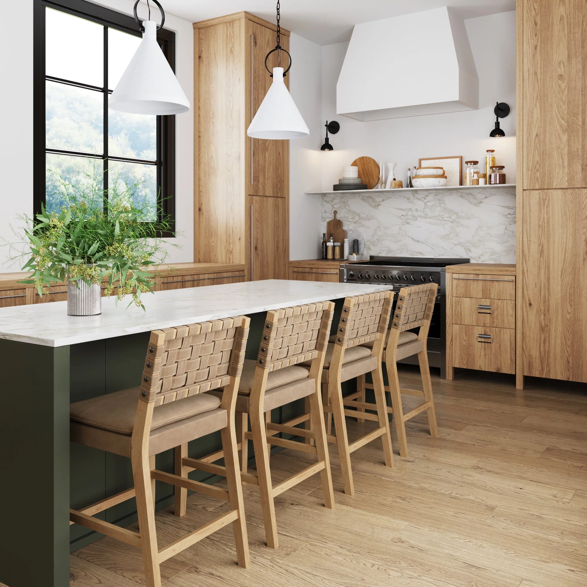 Nathan James Cohen Mid-Century Modern Leather Bar Stool, Counter Height Chair in Solid Wood Frame with Footrest and Woven Leather Back for Kitchen