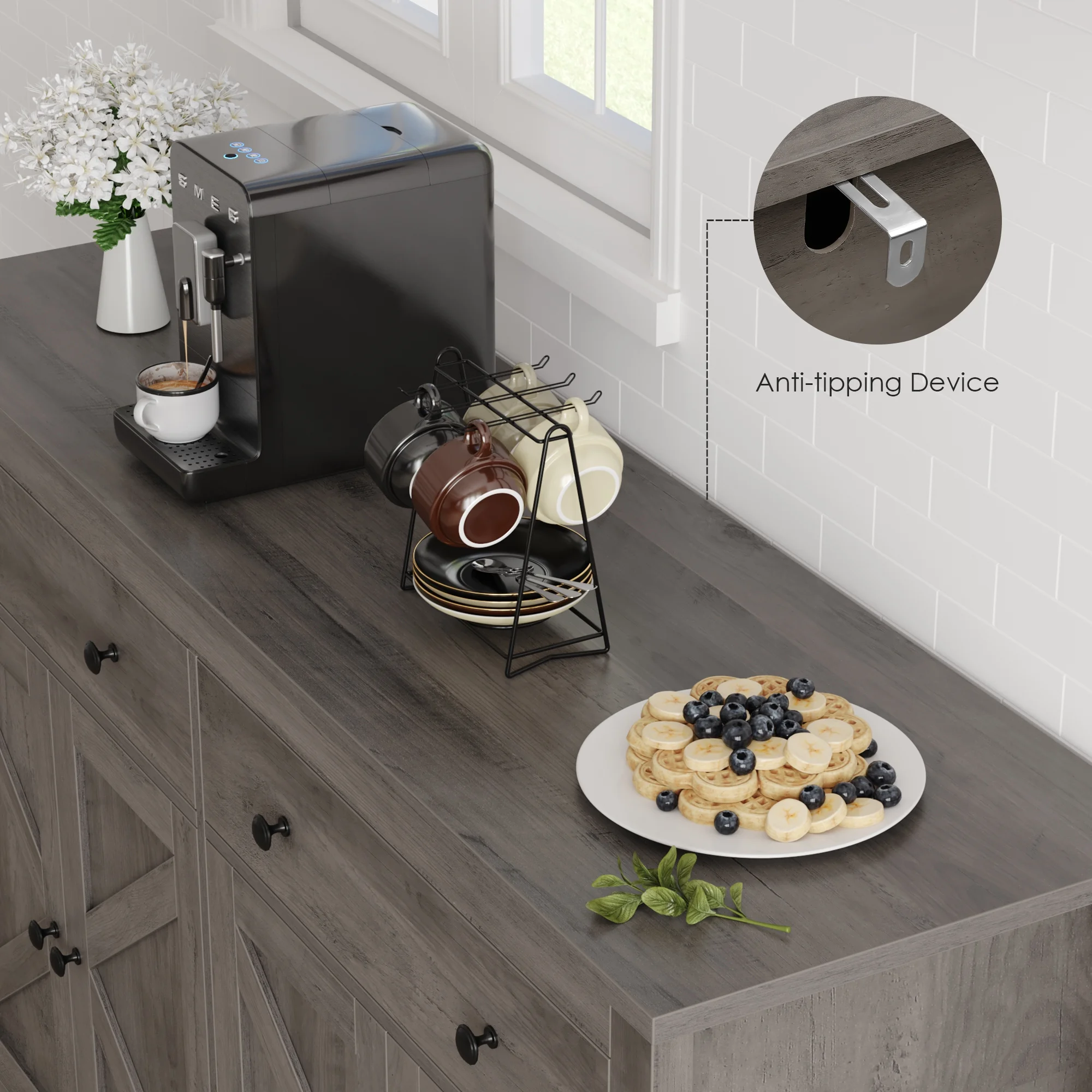 Homfa Farmhouse Kitchen Sideboard, 4-Doors 2-Drawers Wood Buffet Cabinet with Adjustable Shelves, Gray
