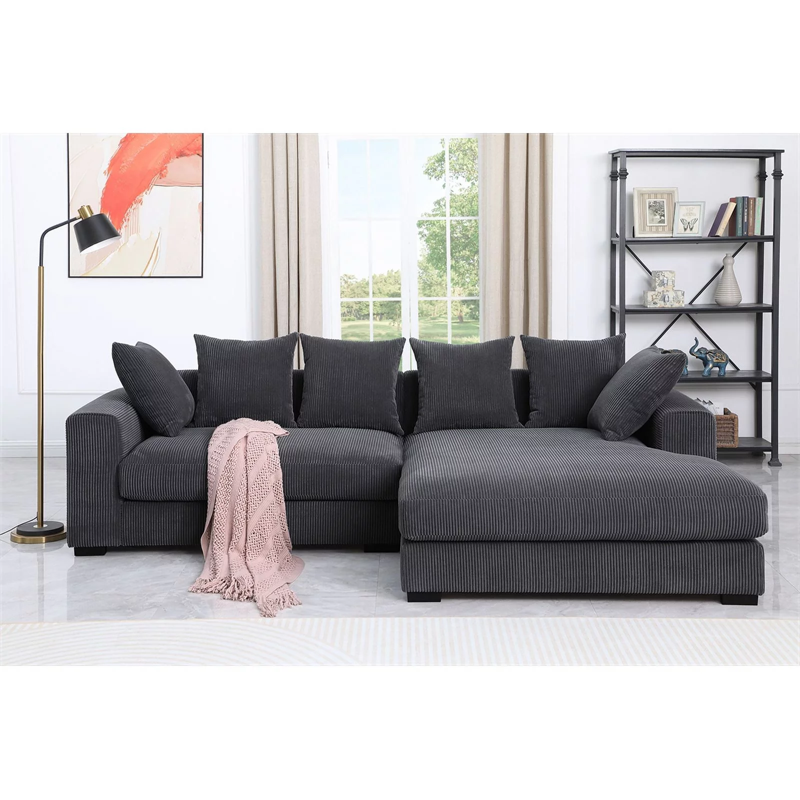 3 - Piece Upholstered Corduroy  Sectional Sofa With Chaise- Dark Gray