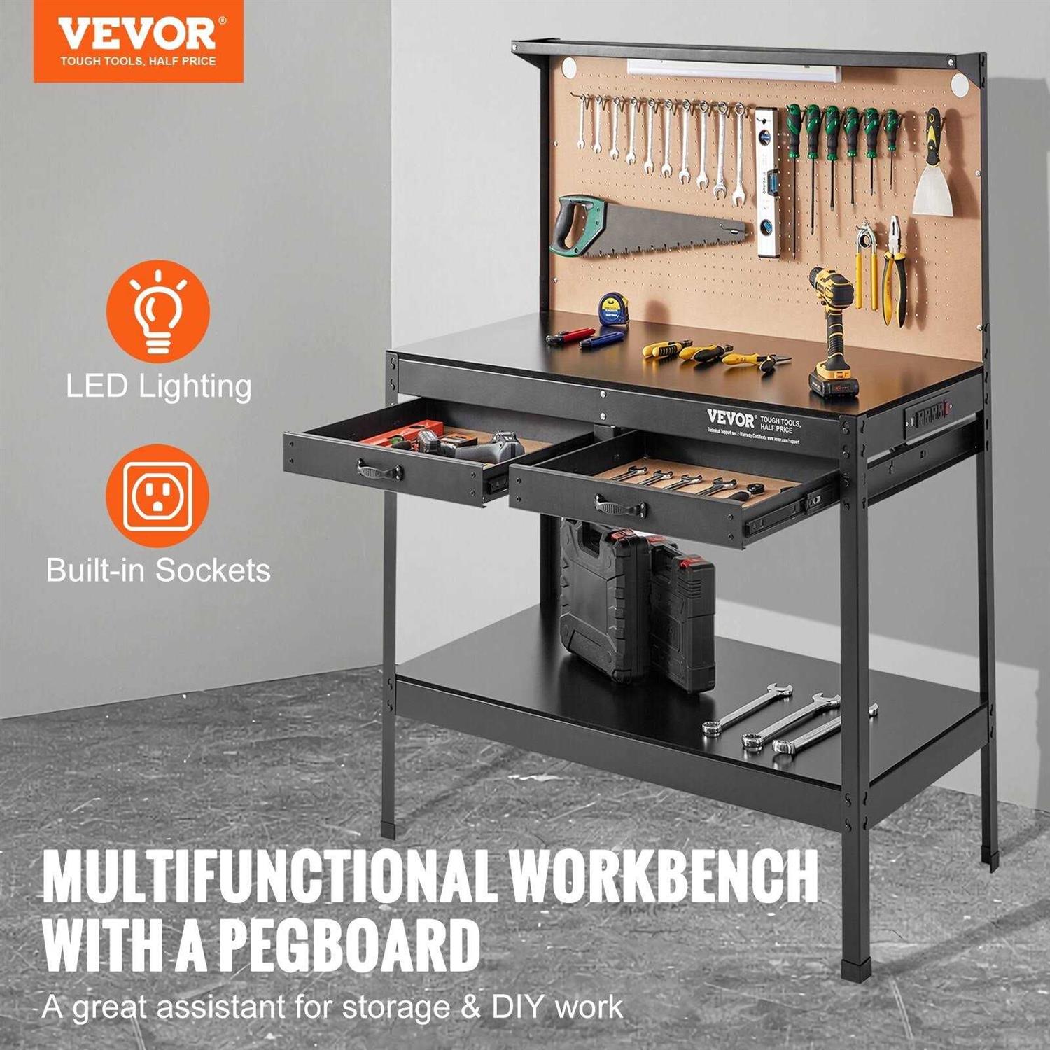 VEVOR Workbench Adjustable Height 28-39.5 Work Bench for Garage Oak Plank &amp; Carbon Steel Heavy Duty Workbench 2000lbs Weight Capacity Bench top - Shop Hardware Tools Online Store