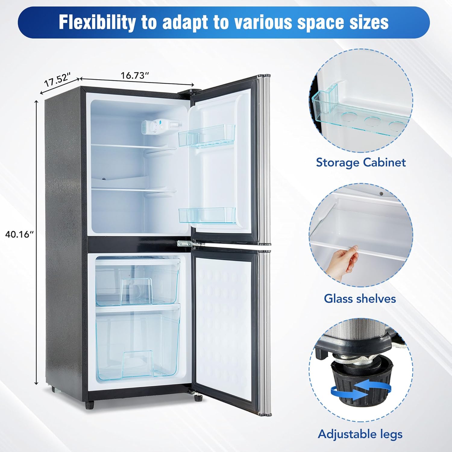 3.6Cu.Ft Refrigerator, Small Fridge with 2.2+1.4Cu.Ft 4 Star Freezer, Refrigerator with Double Door, LED Lighting, Adjustable Shelves, for Homes, Offices, Apartment, 16.73"×17.52"×40.16 "