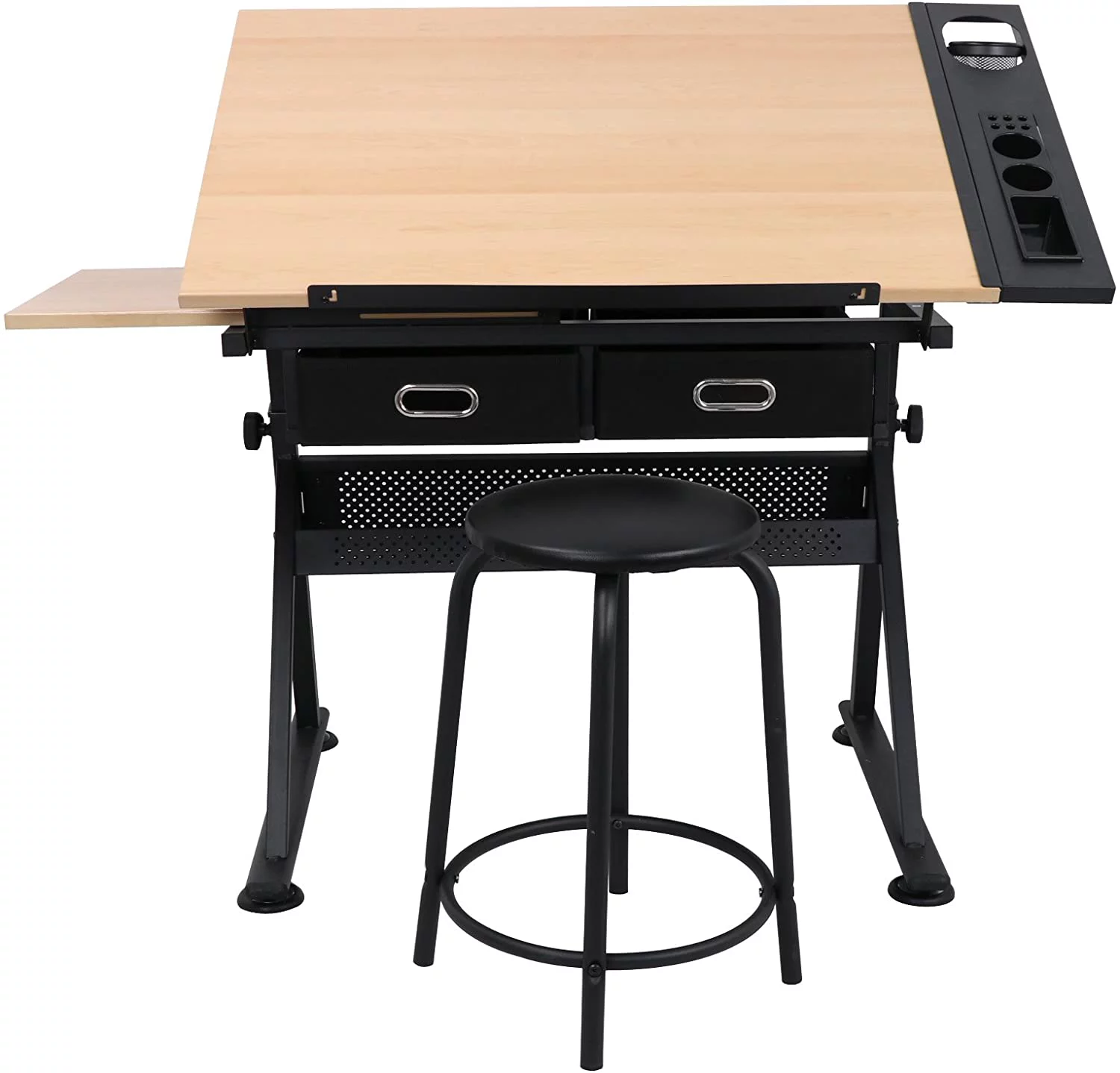 MDF Drafting Table Desk Art&Craft Work Station Drawing Desk Height Adjustable Craft Table w/Stool and 2 Storage Drawers for Home Office School Study Room