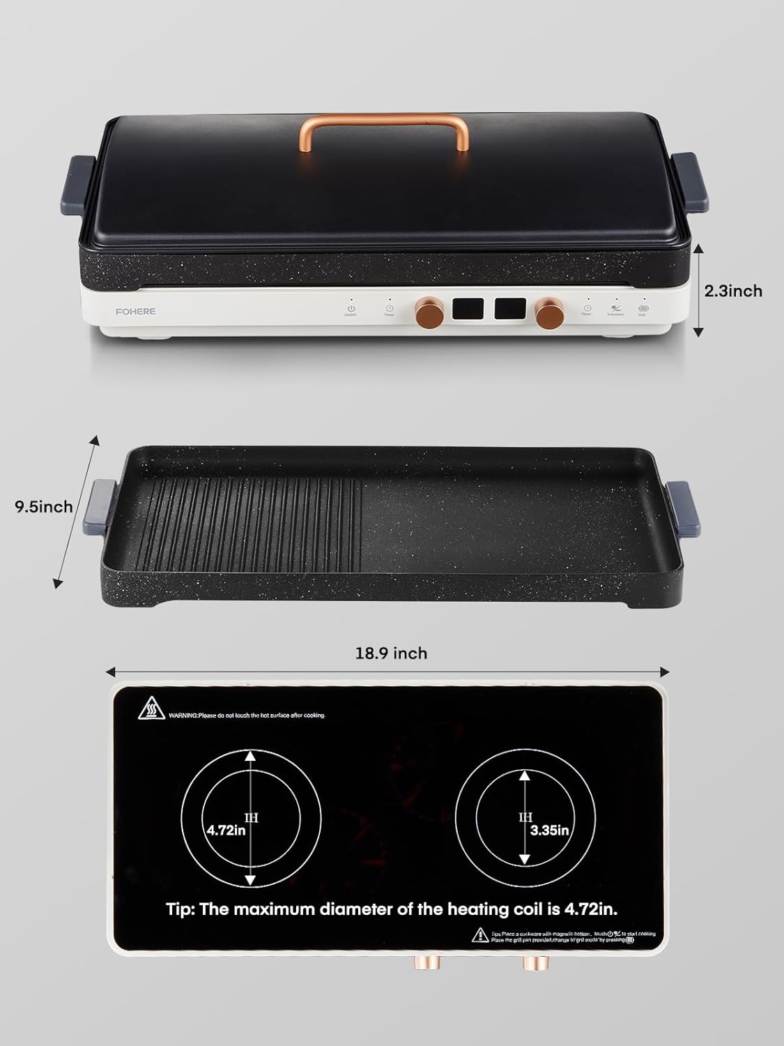 FOHERE Double Induction Cooktop with 2 Burners, 1800W Portable Cooktops with Removable Iron Cast Griddle Pan Non-stick, Independent Temperature Control, Sensor Touch, 8 Power Levels, 99 Min Timer