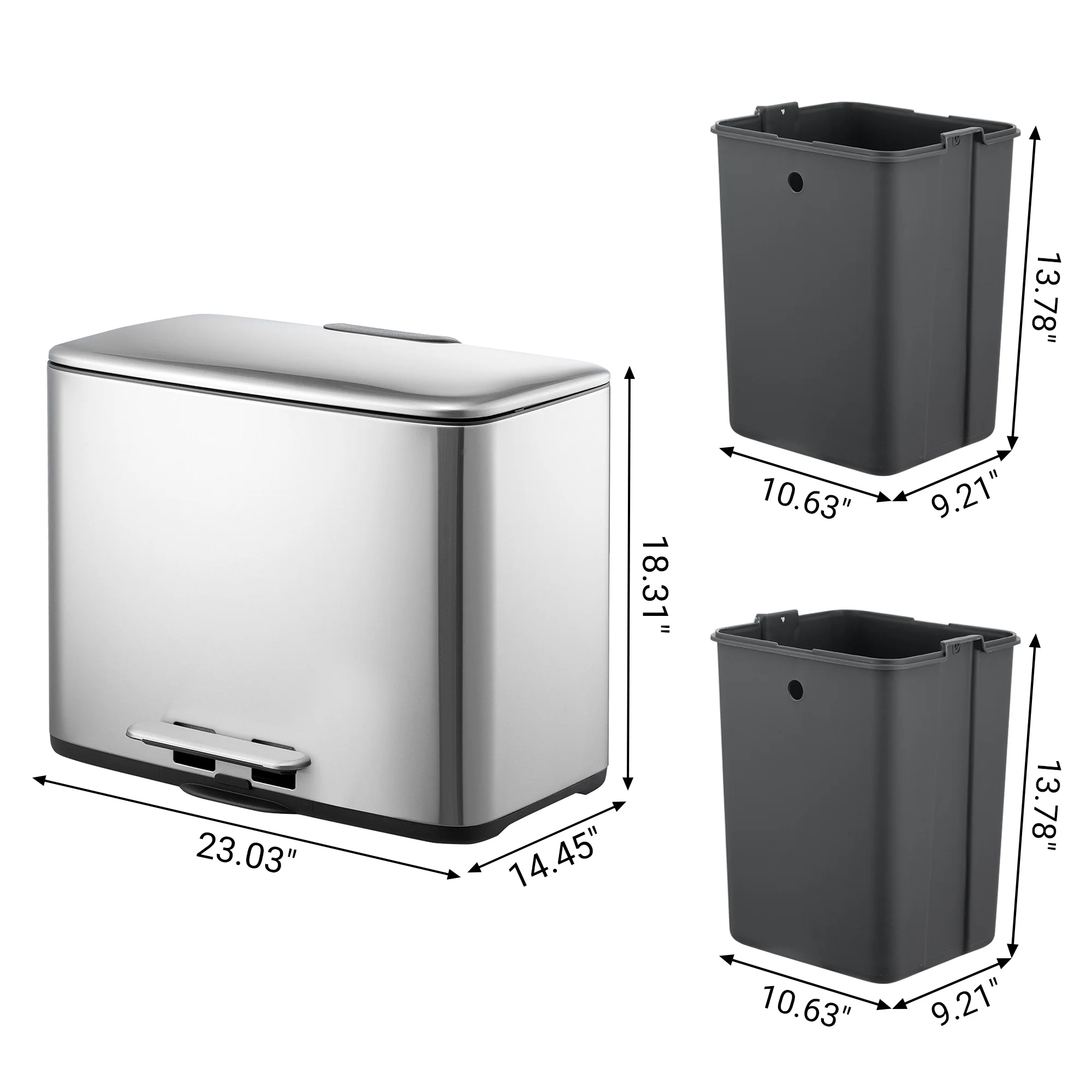 Innovaze 9.5 Gallon Trash Can, 4.75 Gallon Dual Compartment Recycling Step-On Kitchen Trash Can, Stainless Steel