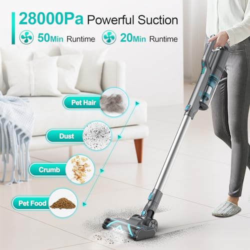 Cordless Vacuum Cleaner, Stick Vacuum with Powerful Suction, 45Mins Runtime Rechargeable Vacuum, Anti-Tangle & 1.2L Dust Cup, 6-in-1 Lightweight Vacuum for Hardwood Floor/Carpet/Pet Hair