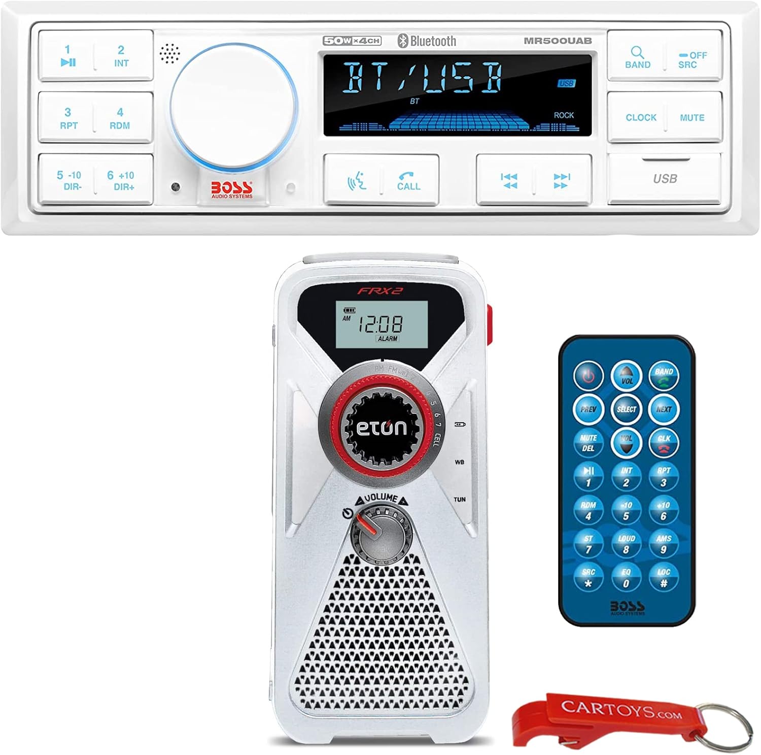 BOSS Audio Systems MR500UAB Marine Stereo & Eton Portable Weather Alert Radio Bundle. IPX 6 Weatherproof Head Unit w/ Bluetooth, USB Input, AM/FM, Aux, Play Music or Streaming Audio Apps from Phone