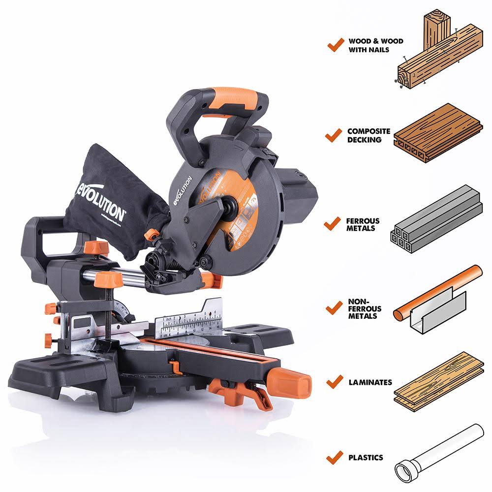 Evolution R185SMS+: Single Bevel Sliding Miter Saw with 7-1/4 in. Multi-Material Cutting Blade