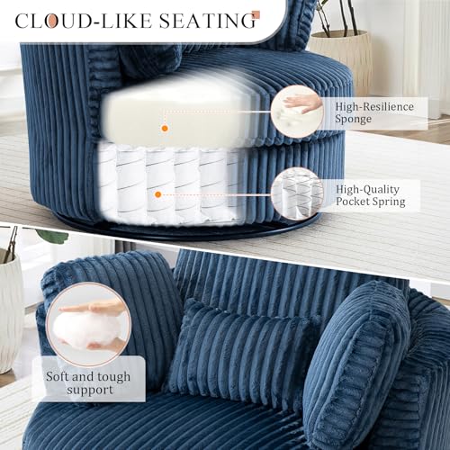 Chair and A Half with Ottoman, 360° Swivel Accent Barrel Chair Modern Comfy Round Reading Sofa Swivel Chairs Circle Lounge Chair for Bedroom Living Room w/4 Pillow Lower Seating Heigh (White, Large)