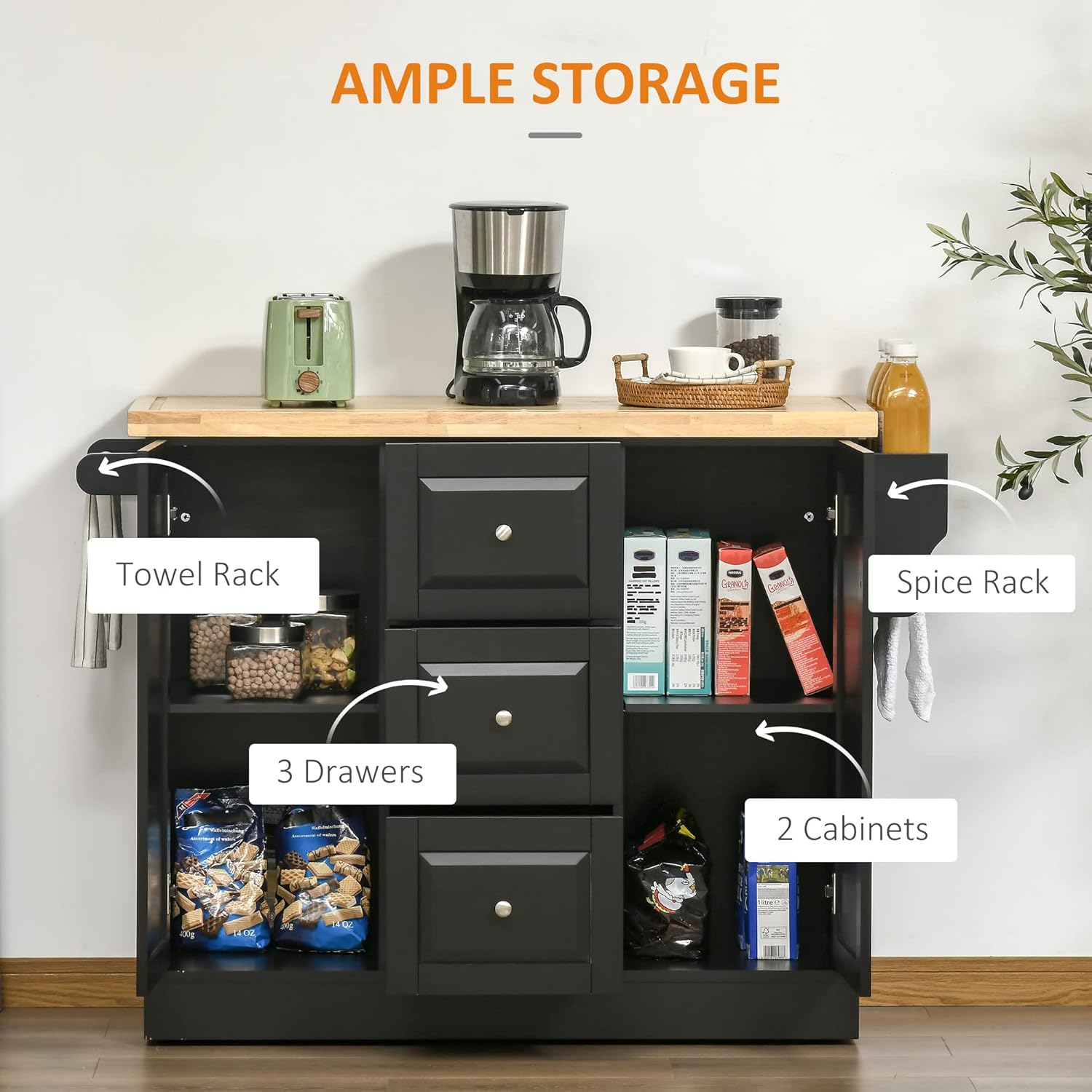 HOMCOM Rolling Kitchen Island with Storage, Kitchen Cart with Wood Top, 3 Drawers and 2 Barn Door Style Cabinet, Adjustable Shelves, Spice Rack, Black