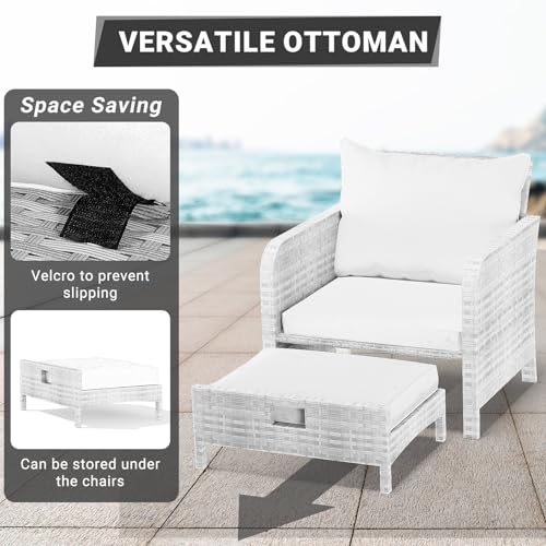 LEVELEVE Balcony Furniture 5 Piece Patio Conversation Set, PE Wicker Rattan Outdoor Lounge Chairs with Soft Cushions 2 Ottoman&Glass Table for Porch, Lawn-Brown Wicker