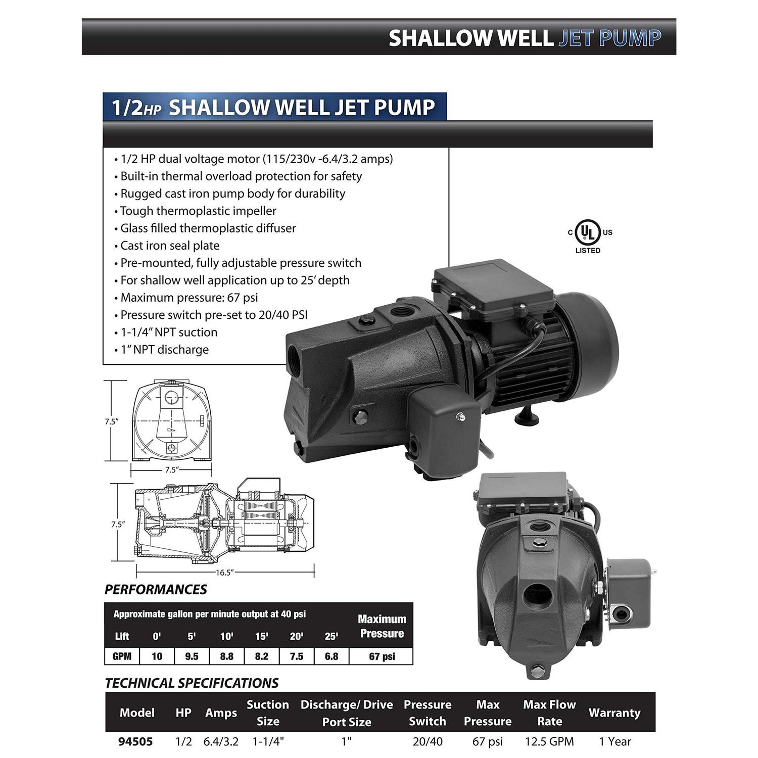 Superior Pump 1/2 HP Cast Iron Shallow Well Jet Pump 94505 - Shop Hardware Tools Online Store
