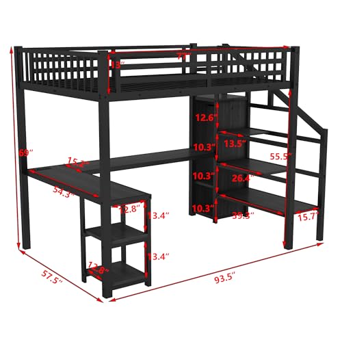 Full Size Loft Bed with Stairs and Storage, Metal Loft Bed Frame with Bedside Shelf and Large Under-Bed Space, Heavy-Duty Bed for Adults Teens and Kids, Black