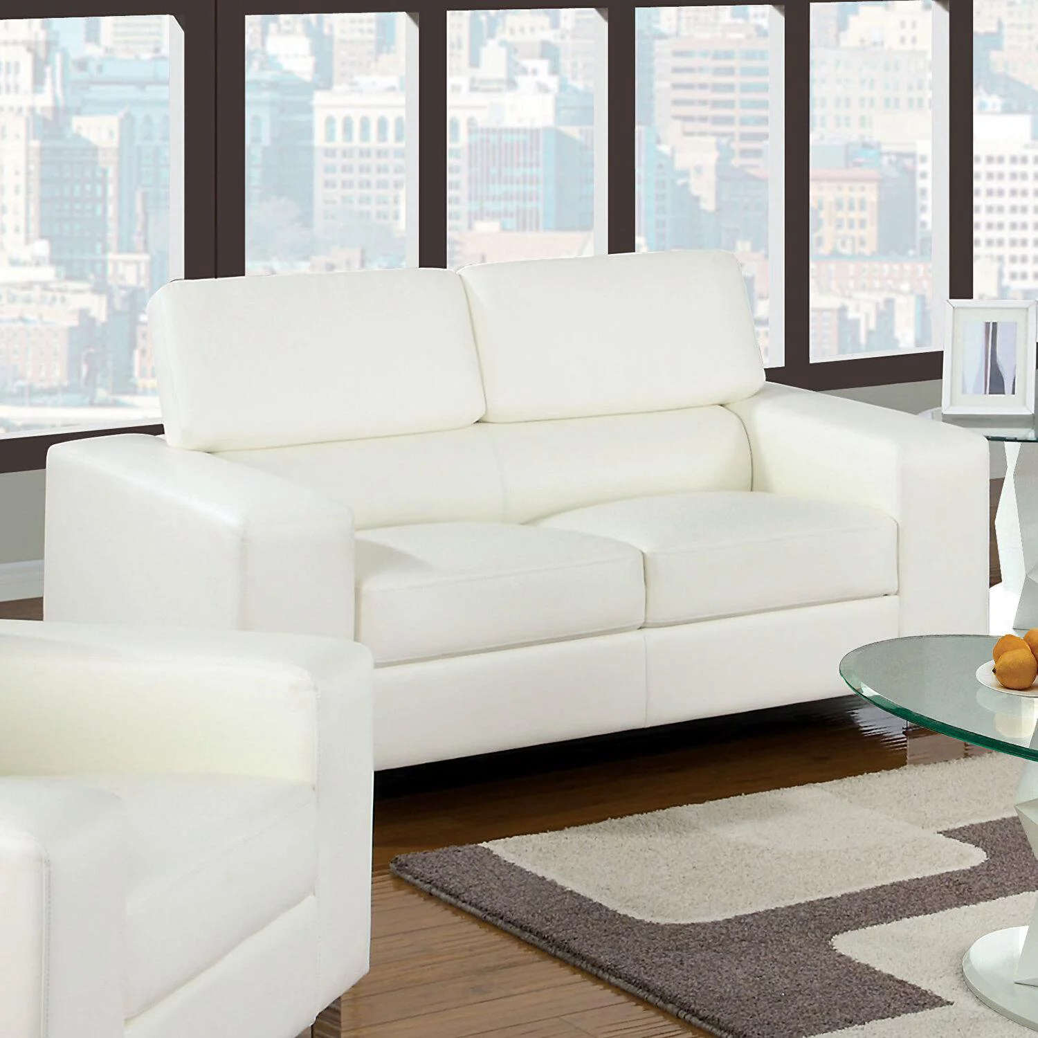 Contemporary White Bonded Leather Sofa and Loveseat Furniture of America Makri