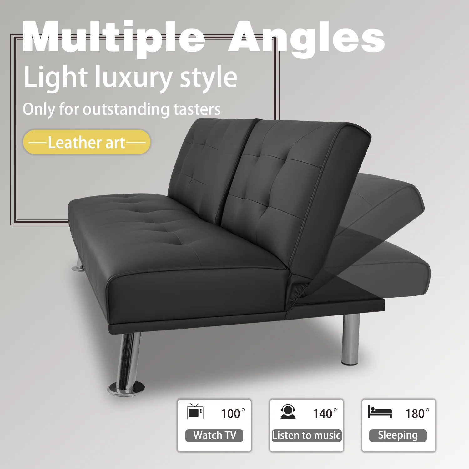Lacoo Modern Faux Leather Convertible Futon with Cup Holders & Pillows, 65" Black