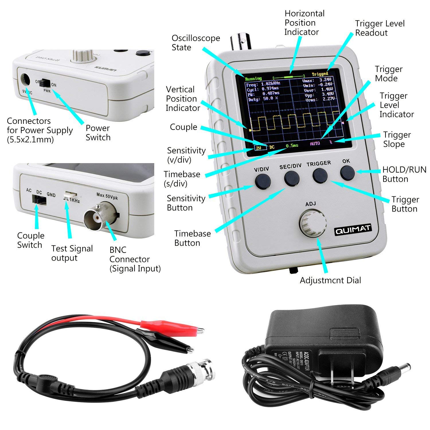 AUKUYEE Updated 2.4 TFT Digital Oscilloscope Kit with Power Supply and BNC-Clip Cable Probe Q15001 (Assembled Finished Machine)