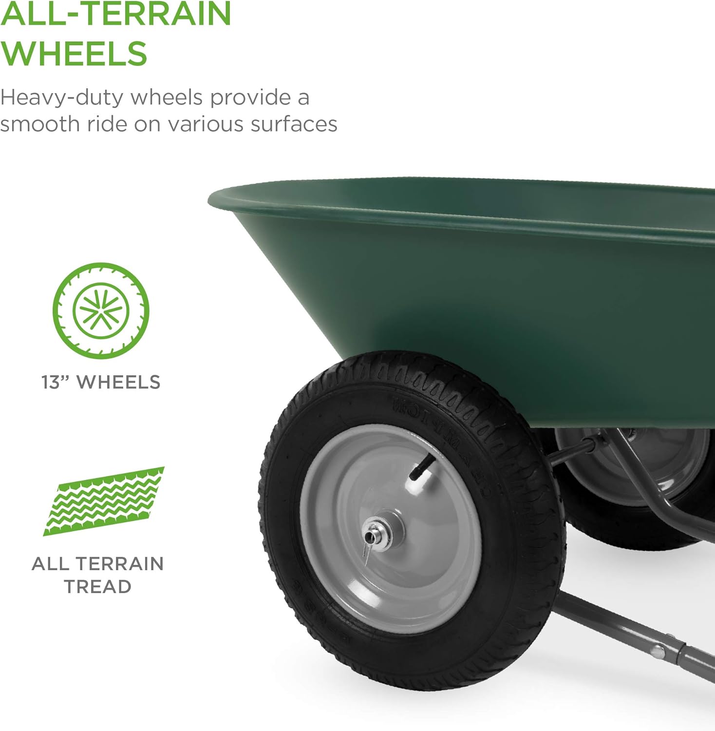 Best Choice Products Dual-Wheel Home Utility Yard Wheelbarrow Garden Cart w/Built-in Stand for Lawn, Gardening, Grass, Soil, Bricks, and Construction, Green
