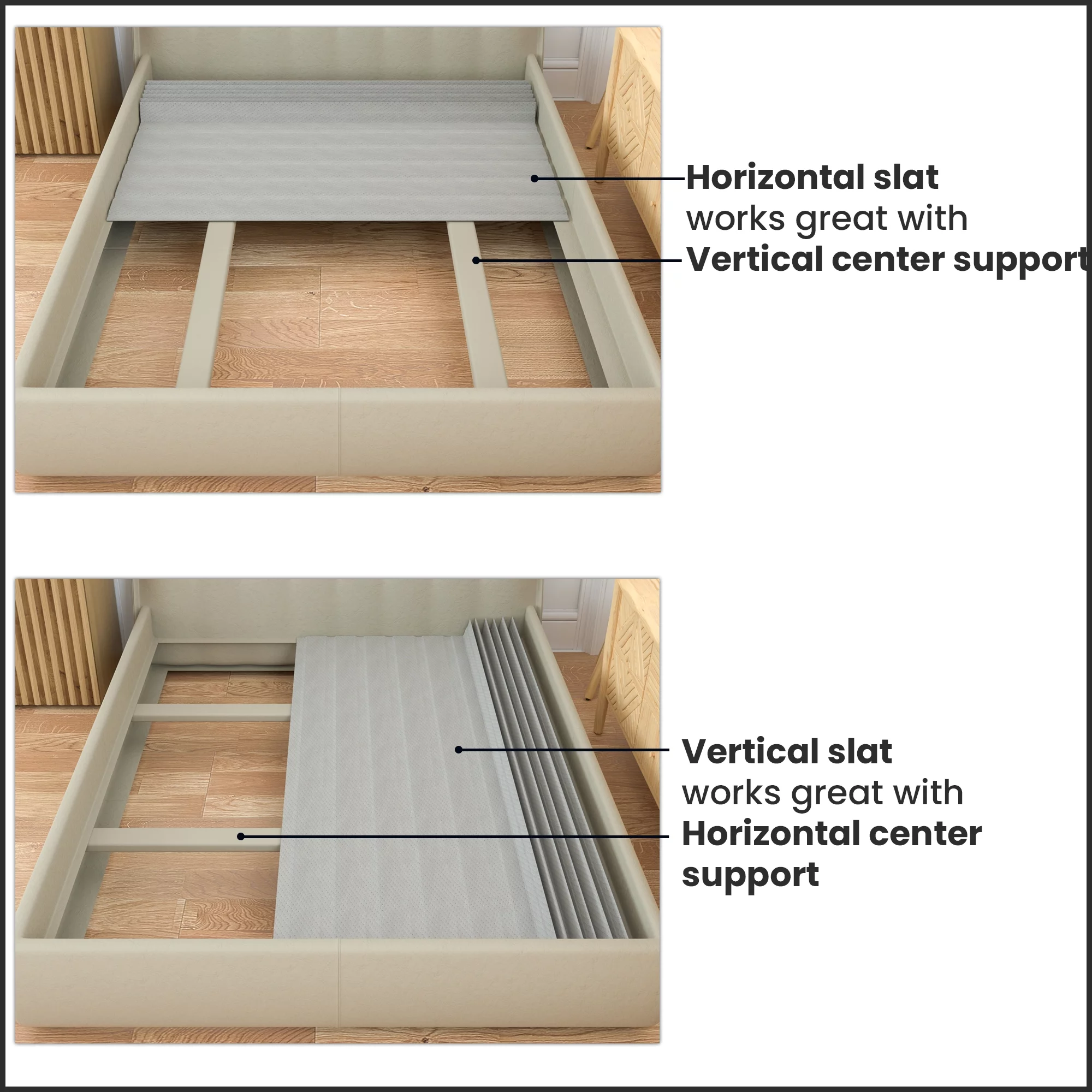 Continental Sleep, 0.75” horizontal Mattress Support Wood Slats with Cover, Queen, Gray