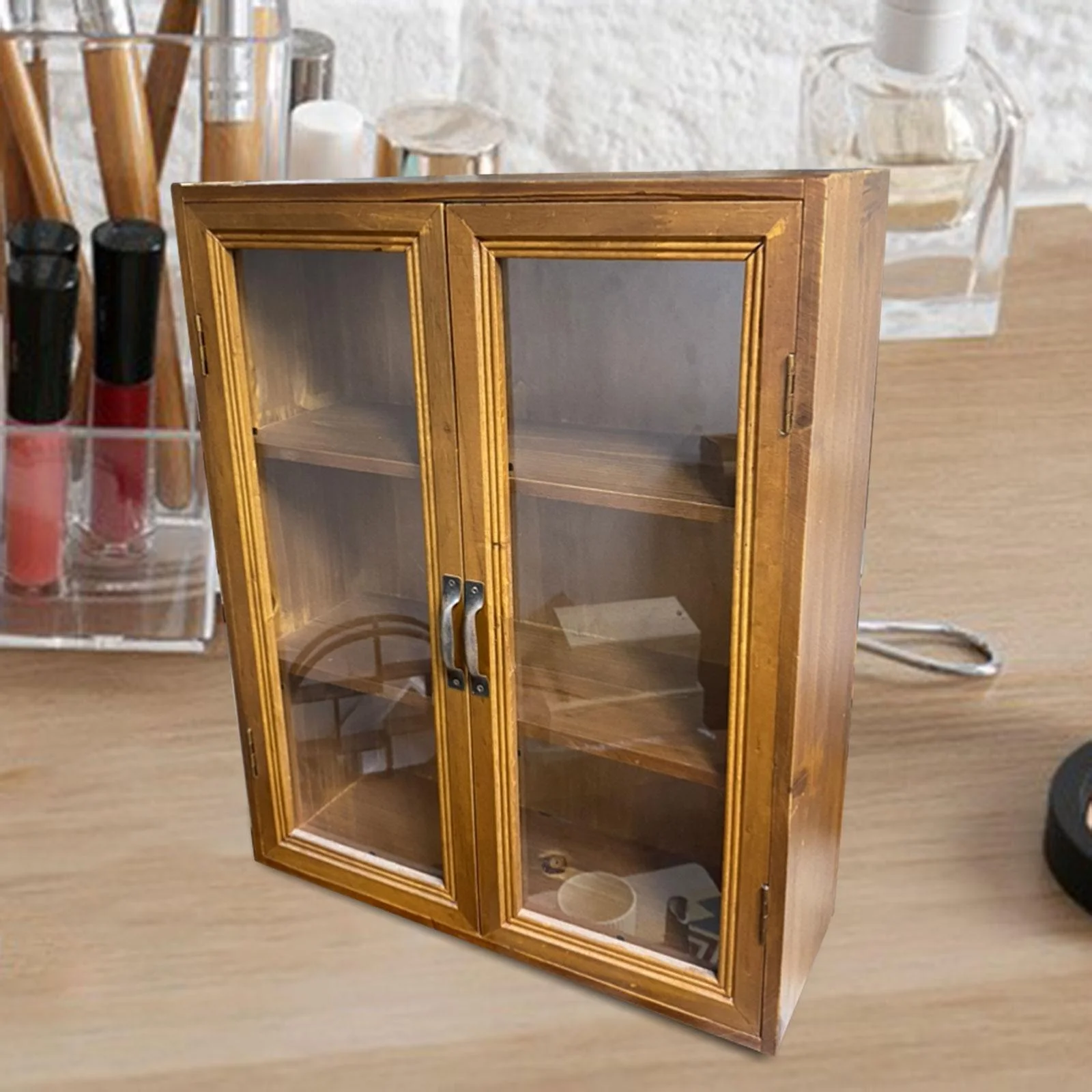 Retro Storage Cabinet Organizer Tabletop Showcase Small Rustic Display Cabinet Storage Shelf for Dresser Bedroom Living Room Style C
