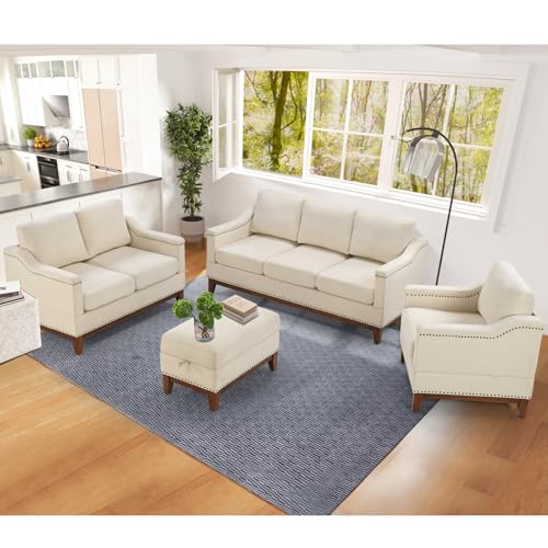 Classic 3-Seater Upholstered Sofa with Nailhead Trim, High-Density Foam Cushions & Sturdy Solid Wood Legs, Soft Fabric Couch for Living Room, Beige