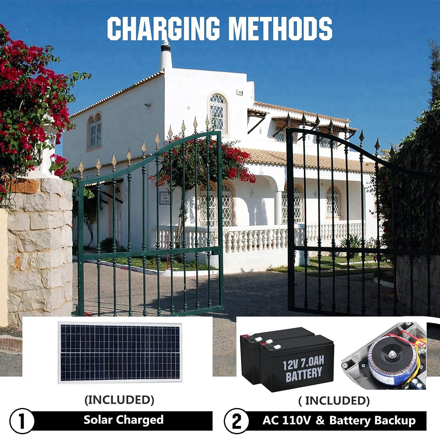 DC HOUSE 24V DC/AC Heavy-Duty Automatic Solar Dual Gate Opener Kit with Keypad + Car Sensor for Swing Gates Up to 16.4 Feet for Fences/Palisades/Agricultural/Driveway Gates | Subcontract Delivery