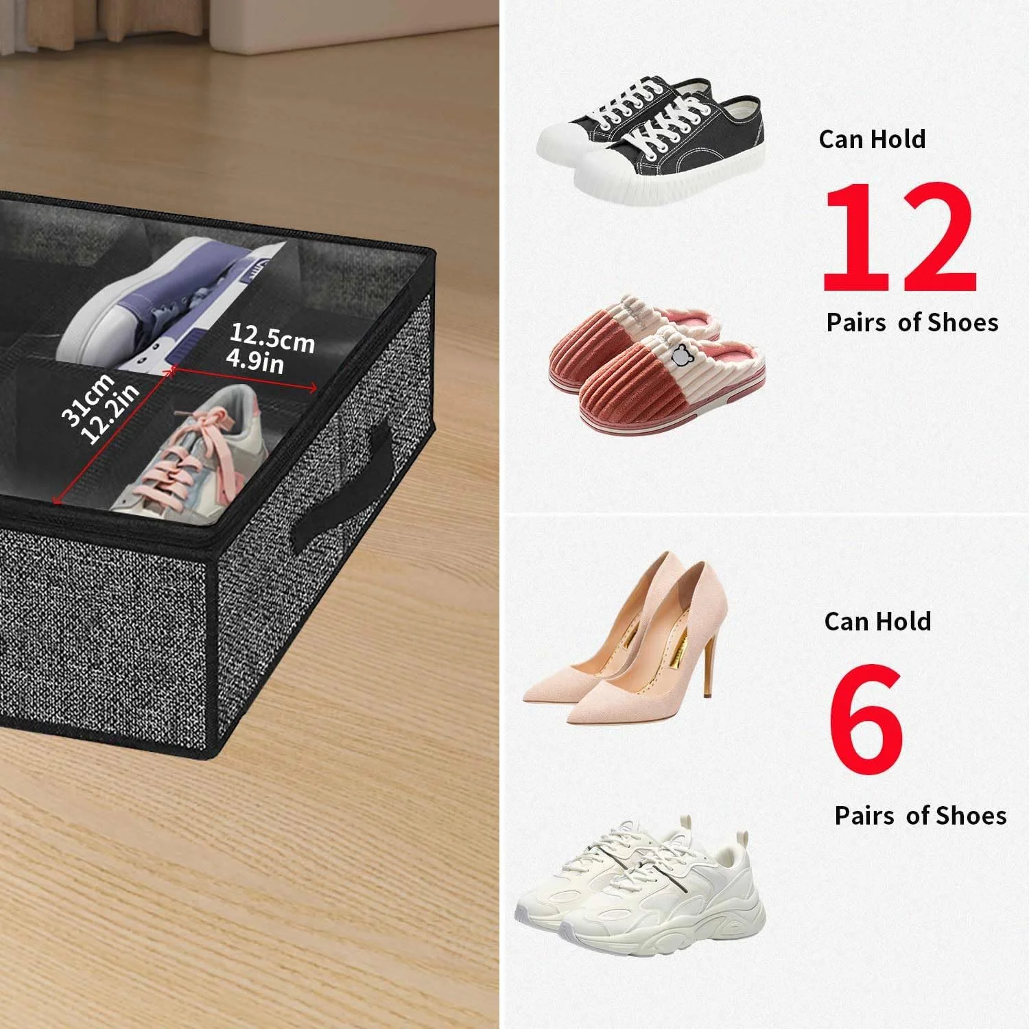 Under Bed Shoe Storage Organizer with Sturdy Handles and Clear Window  Premium Foldable Underbed Shoes Container Box for Closet, Linen-like Black