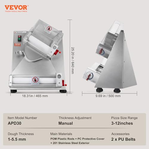 VEVOR Pizza Dough Roller Sheeter, 3-15 Inch Automatic Commercial Pizza Press, 390W Electric 260 Per Hour Dough Roller, Stainless Steel Adjustable Thickness Dough Machine, for Pasta Maker Equipment