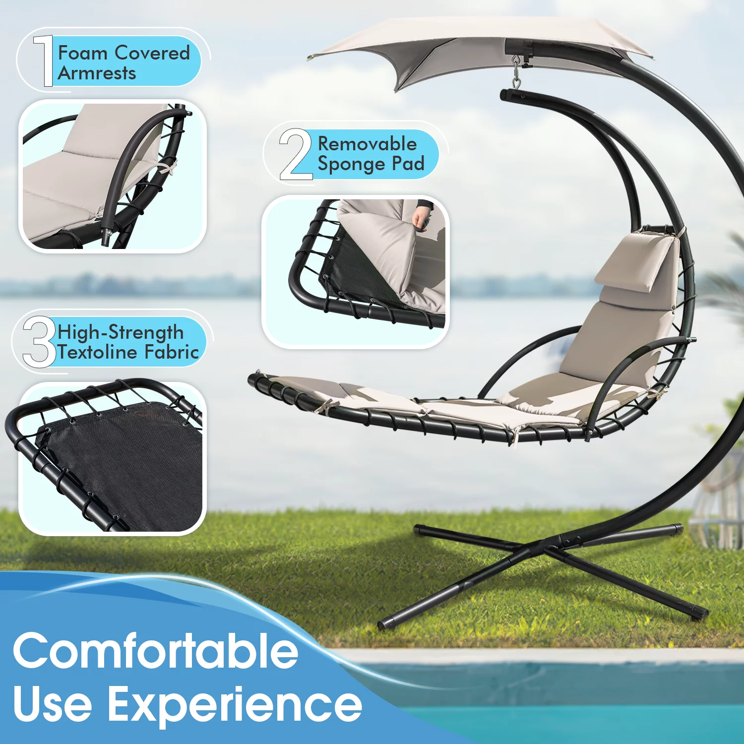 Vineego Outdoor Curved Hanging Chaise Lounge Chair Floating Chaise Lounger Patio Swinging Hammock w/Pillow, Removable Canopy & Steel, Beige