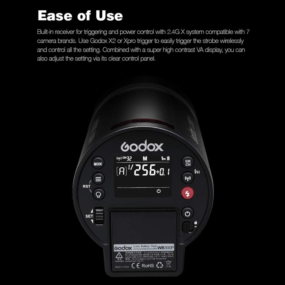 Godox AD300Pro AD300 Pro, 300W 2.4G TTL Flash Strobe Monolight, 1/8000 HSS, 0.01-1.8S Recycle Time, 300 Full Power Pops, 5600±100K, 12W Brightness Adjustable Bi-Color Modeling Led, W/Handheld Grip