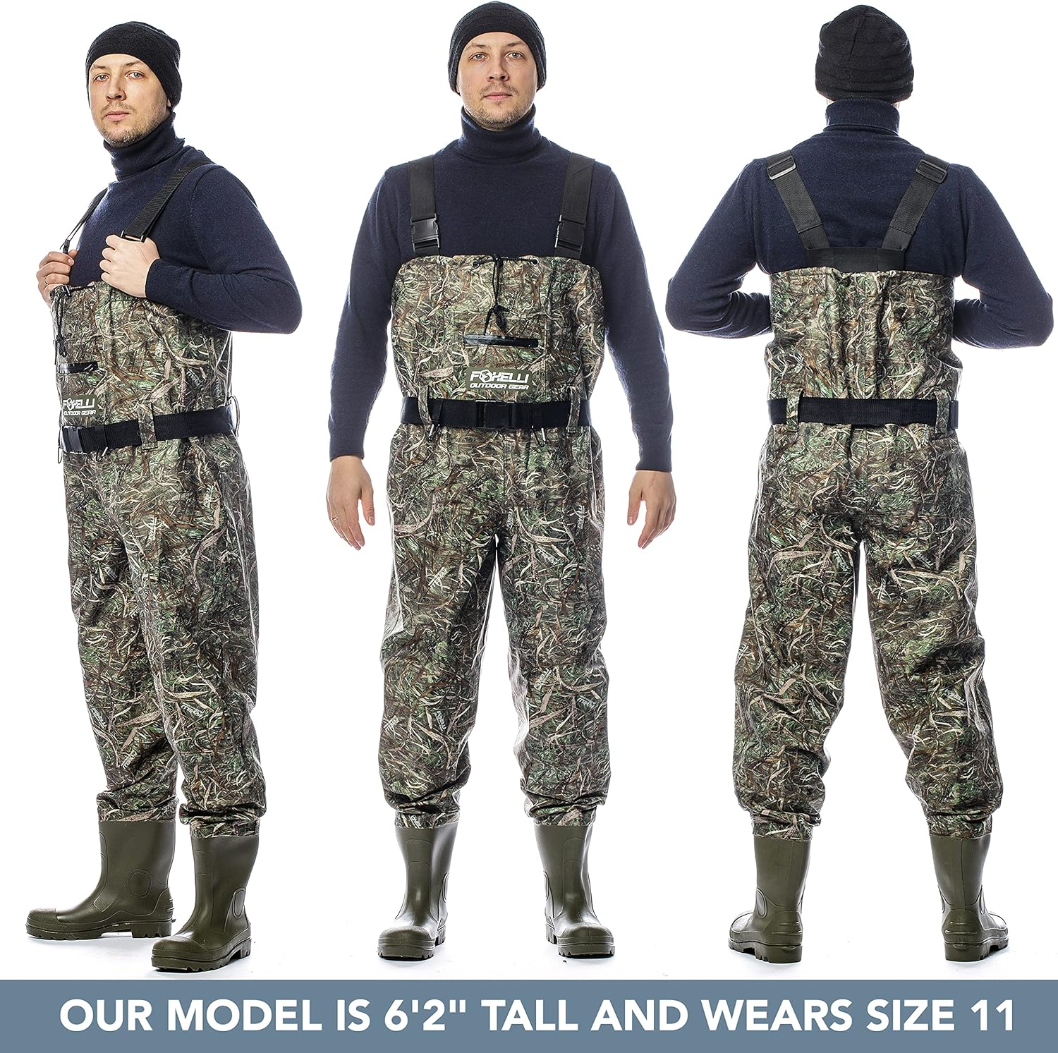 Foxelli Chest Waders – Camo Hunting & Fishing Waders for Men & Women with Boots, 2-ply Nylon/PVC Waterproof Bootfoot Waders