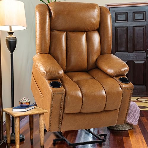 Large Power Lift Chairs Recliners for Elderly with Heated and Massage, Overstuffed Adjustable Lift Chairs, 3 Positions, Breathable Leather, USB-A and USB-C, Cup Holder, Side Pocket Dark Brown