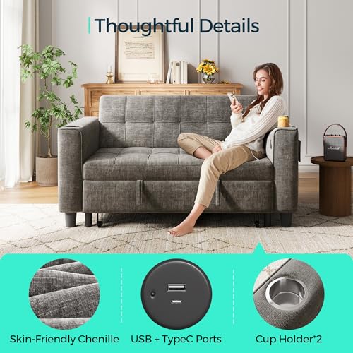 LINSY 3-in-1 Convertible Sofa Bed, 54" Pull Out Sleeper Sofa with Charging Station & Cup Holder, Small Folding Loveseat with Side Pocket for Small Space, Corduroy Couch, Green