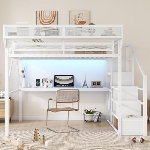 Full Size Loft Bed with Stairs and Storage, Metal Loft Bed Frame with Bedside Shelf and Large Under-Bed Space, Heavy-Duty Bed for Adults Teens and Kids, Black