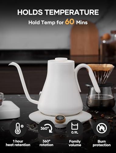 Cocinare Electric Gooseneck Kettle with Temperature Control, Pour Over Coffee & Tea, 1200W for 180-sec Quick Boil Time, Stainless Steel Kettle Water Boiler