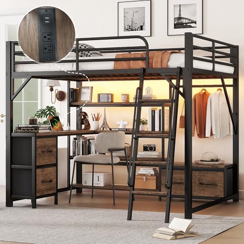 Full Size Loft Bed with Stairs and Storage, Metal Loft Bed Frame with Bedside Shelf and Large Under-Bed Space, Heavy-Duty Bed for Adults Teens and Kids, Black
