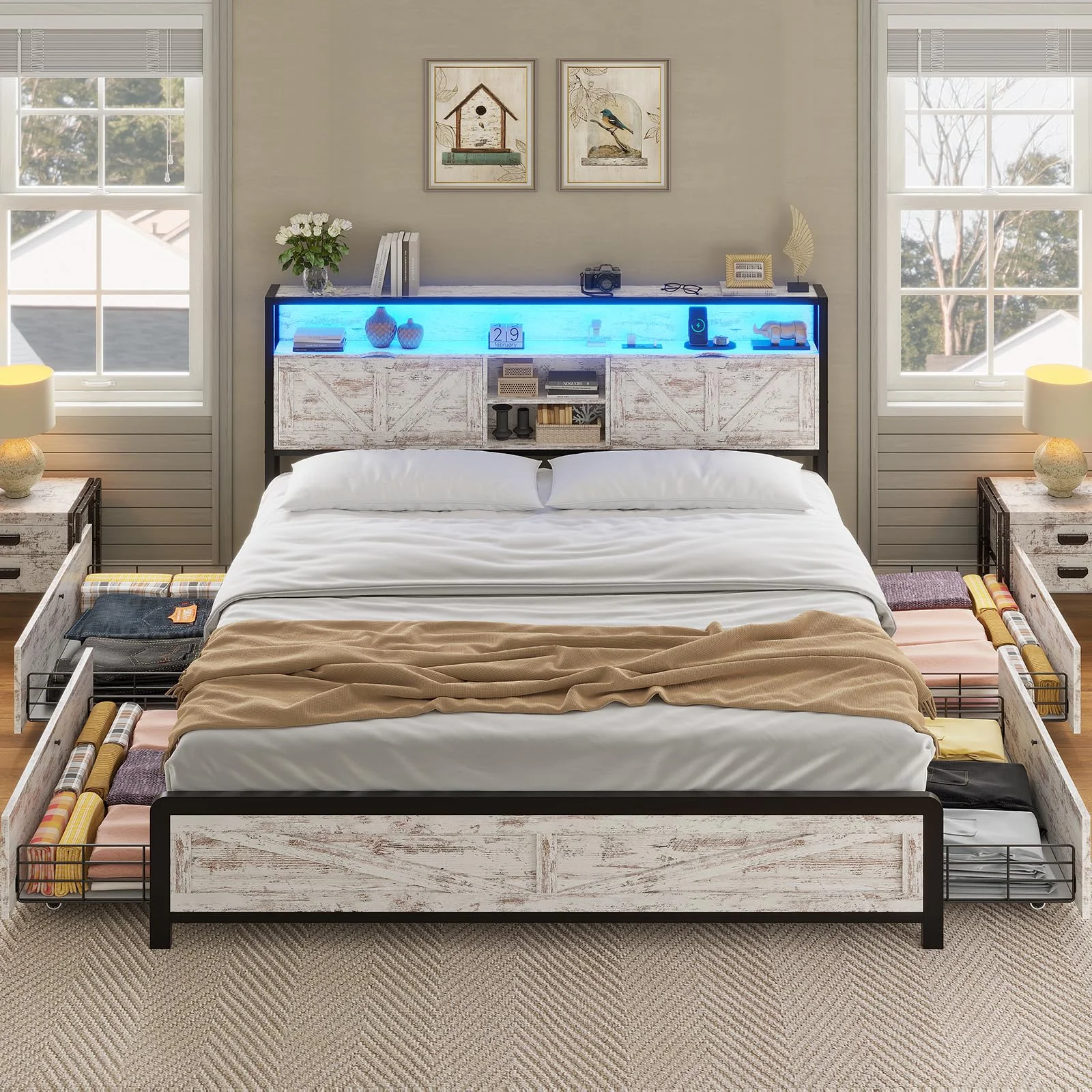 Queen LED Bed Frame with Charging Station and 4 Drawers, Metal Platform Bed Frame with Hidden Storage Headboard, No Box Spring Needed, Old White - Curated Treasures Market