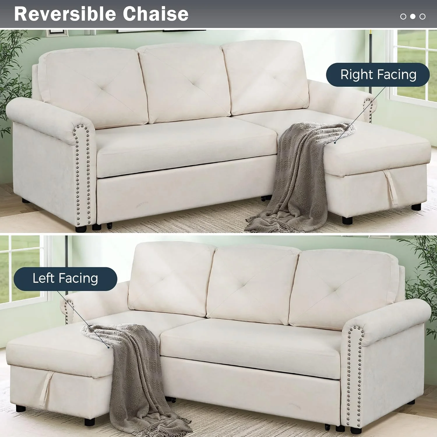 Convertible Pull-Out Sleeper Sofa Bed W/Storage Chaise Lounge, L-Shape 3-Seat Linen Corner Sofa Couch With Button Tufted Design And Copper Nailhead Trim (Beige)