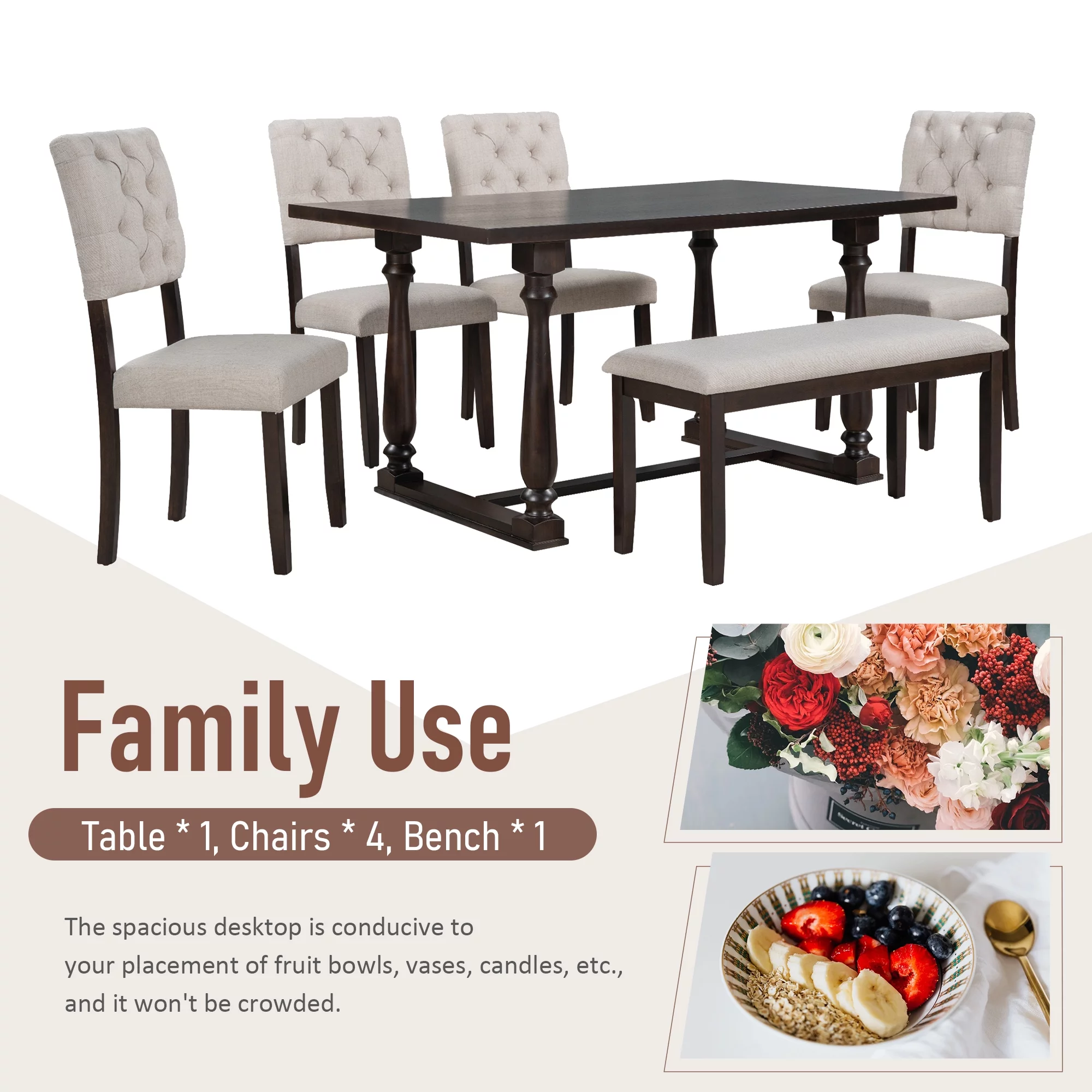 Besthome 6-Piece Dining Table and Chair Set with Special-shaped Legs and Foam-covered Seat Backs&Cushions for Dining Room (Espresso)