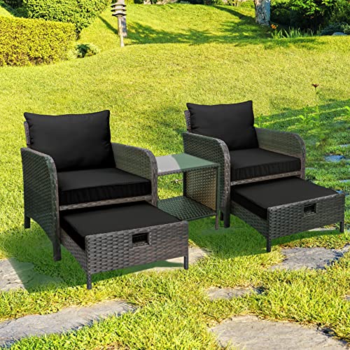 LEVELEVE Balcony Furniture 5 Piece Patio Conversation Set, PE Wicker Rattan Outdoor Lounge Chairs with Soft Cushions 2 Ottoman&Glass Table for Porch, Lawn-Brown Wicker