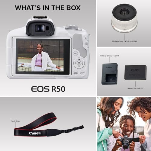 Canon EOS R50 Mirrorless Camera RF-S18-45mm F4.5-6.3 is STM Lens Kit, 24.2 Megapixel CMOS (APS-C) Sensor, 4K Video, Hybrid Camera, Photo and Video, Vlogging, Content Creator, RF Mount, Black