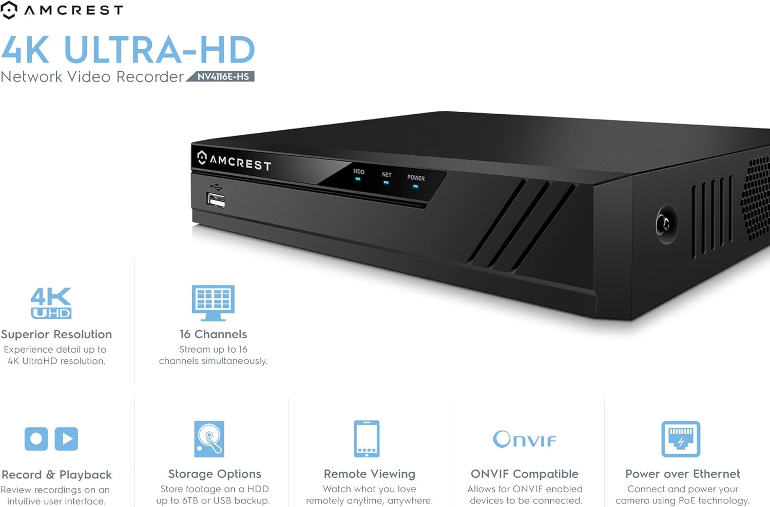 Amcrest NV4116E-HS 4K 16CH (8-Port PoE) NVR, (1080p/3MP/4MP/5MP/6MP/8MP/4K) Network Video Recorder Supports up to 16 x 4K IP Cameras, 8-Channel Power Over Ethernet, Supports up to 6TB (Not Included)