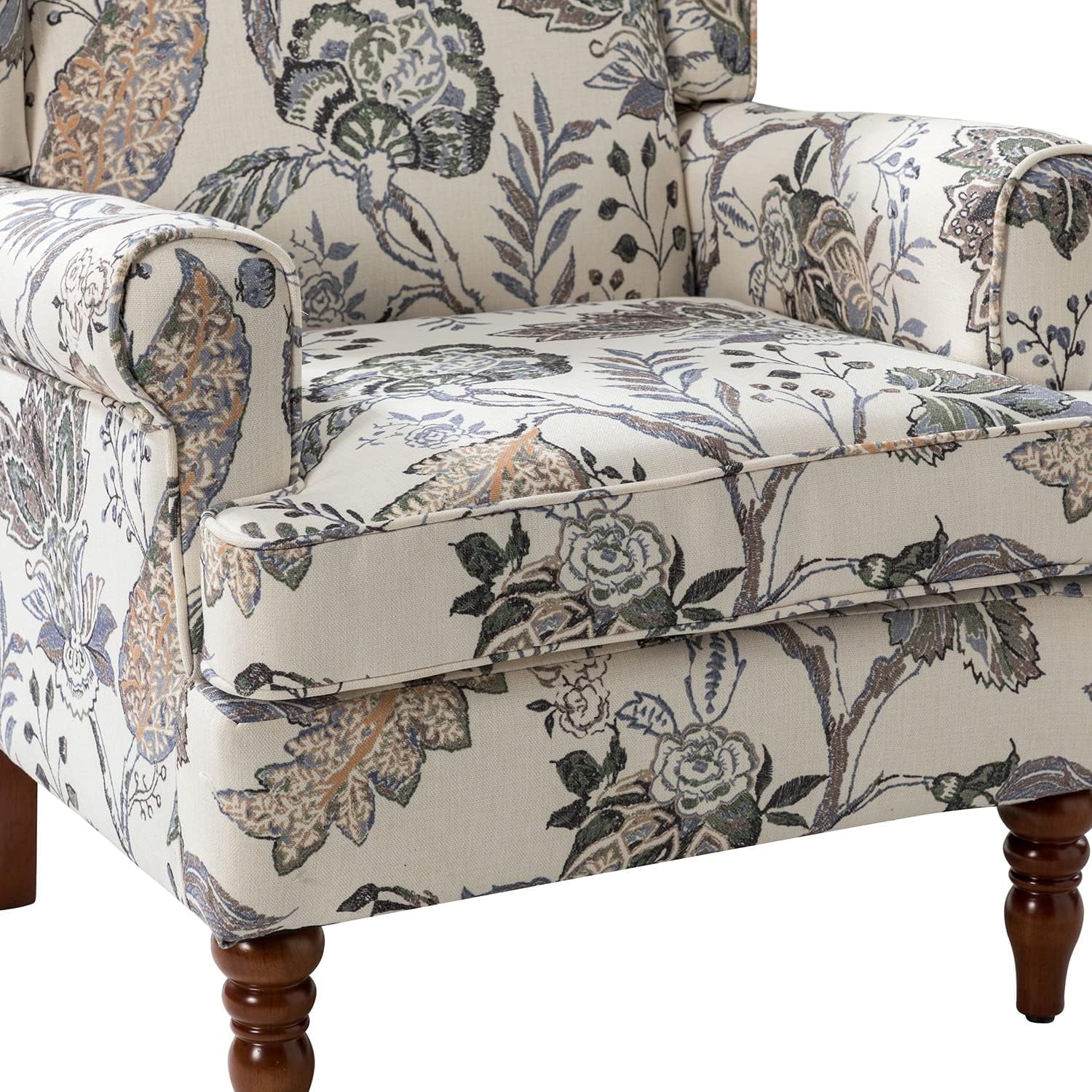 Wingback Accent Chair With Wood Legs, Traditional Fabric Armchair For Living Room Bedroom, Comfy Upholstered Single Sofa Chair Reading Chair With Unique Pattern Design, Green