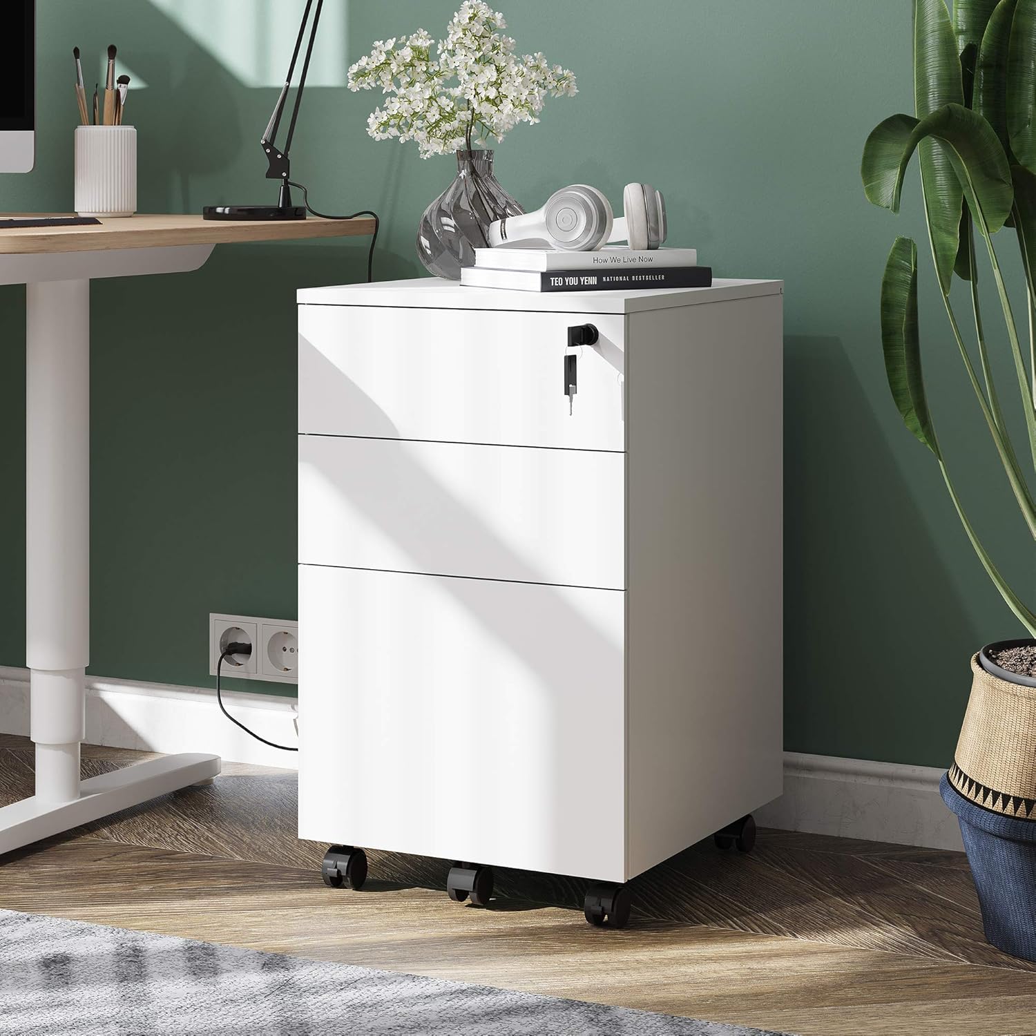 DEVAISE 3 Drawer Rolling File Cabinet with Lock, Wood Under Desk Filing Cabinet fits Letter/Legal/A4 Size for Home Office, White
